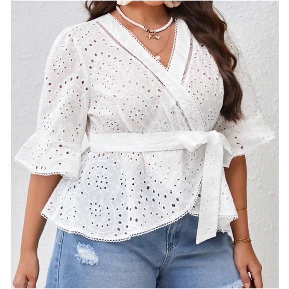 Plus White Eyelet Belted Blouse - Picture 3 of 5